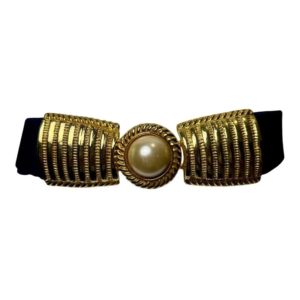 Day-Lor USA Vintage Navy Blue Elastic Cinch Belt Gold Faux Pearl Buckle Retro